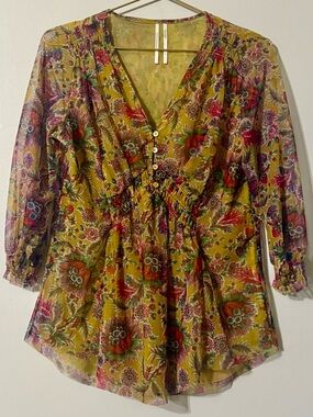 Anthropologie Gretchen Pink/Rose Mesh Floral Print Smocked Blouse Top Size S